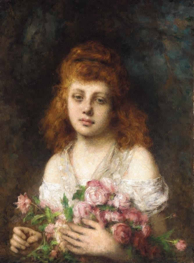 Alexei Alexeivich Harlamoff Auburn-haired Beauty with Bouqet of Roses